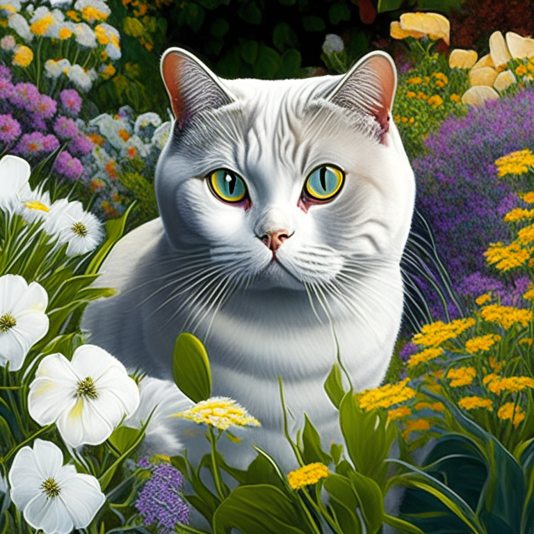 a garden with colorful flowers and a silver shaded tabby white British Shorthair with amber eyes and white cheeks in a neo color style