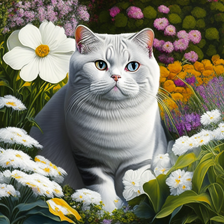 a garden with colorful flowers and a silver shaded tabby white British Shorthair with amber eyes and white cheeks in a neo color style