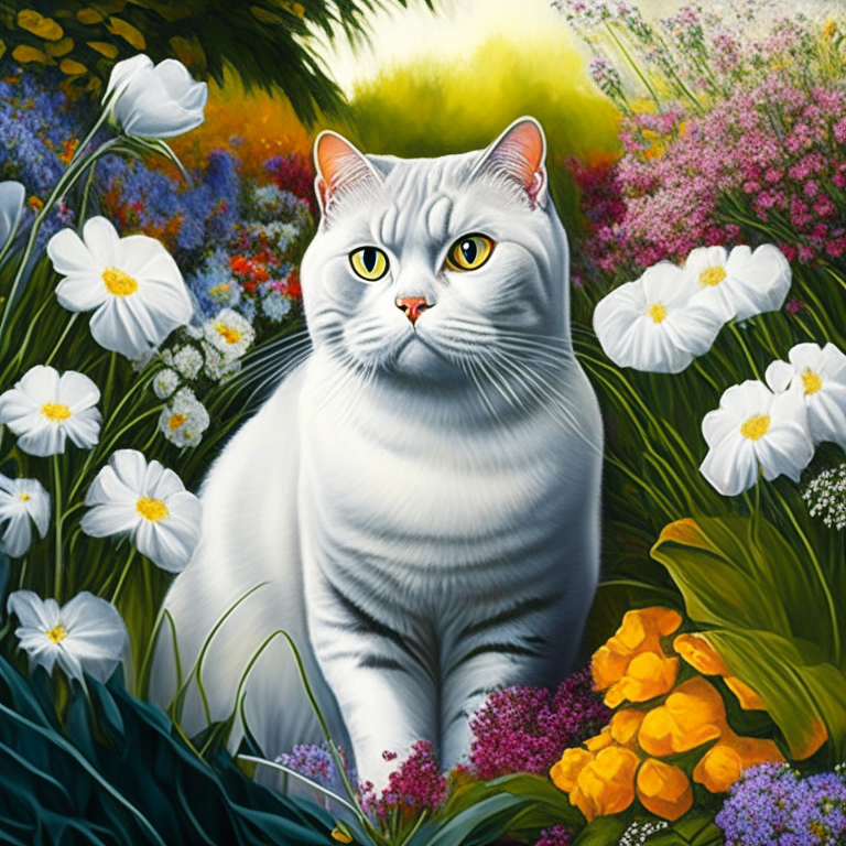 a garden with colorful flowers and a silver shaded tabby white British Shorthair with amber eyes and white cheeks in a neo color style