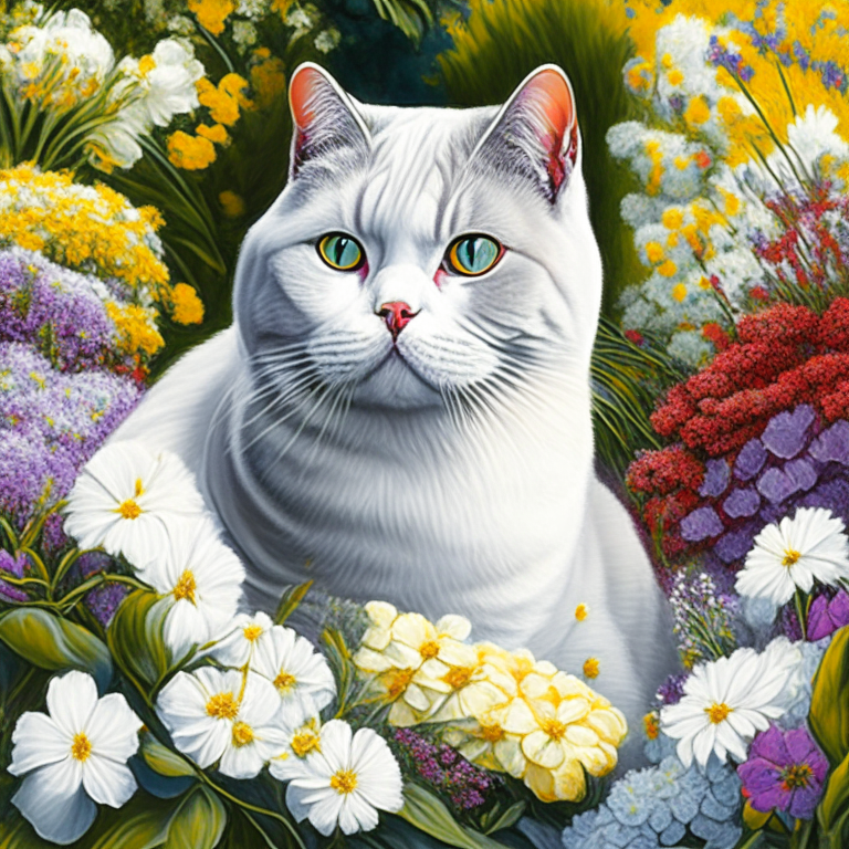 a garden with colorful flowers and a silver shaded tabby white British Shorthair with amber eyes and white cheeks in a neo color style