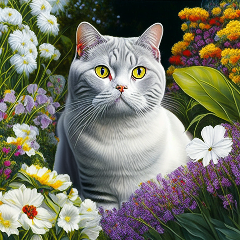 a garden with colorful flowers and a silver shaded tabby white British Shorthair with amber eyes and white cheeks in a neo color style