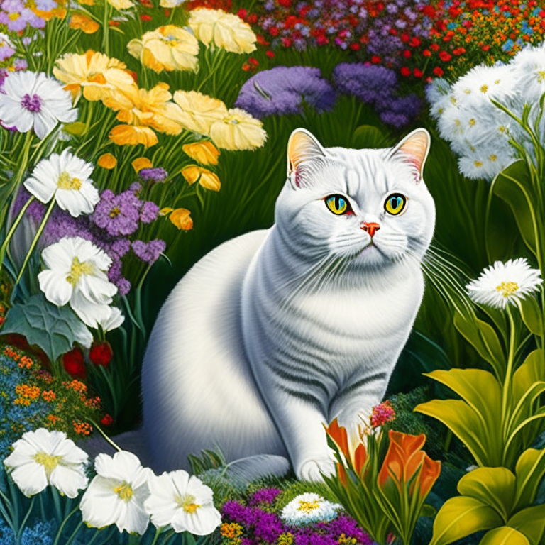 a garden with colorful flowers and a silver shaded tabby white British Shorthair with amber eyes and white cheeks in a neo color style