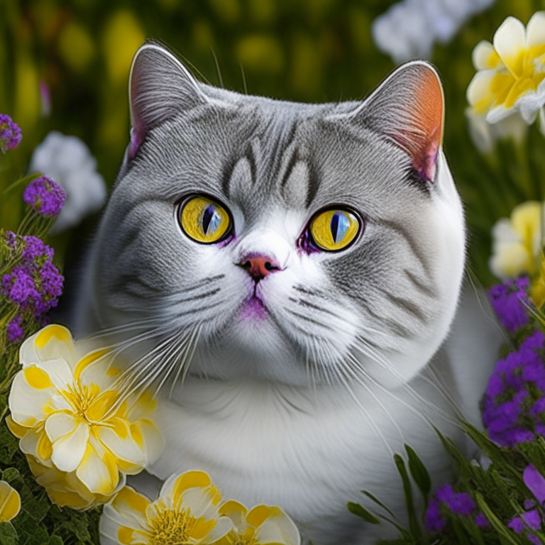 6 images , garden, flowers , neow colous , colourful , silver shaded tabby white british shorthair amber eyes white cheeks