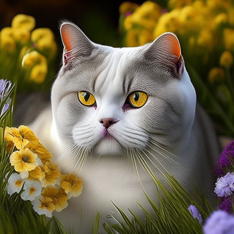  , garden, flowers , neow colous , colourful , silver shaded tabby white british shorthair amber eyes white cheeks