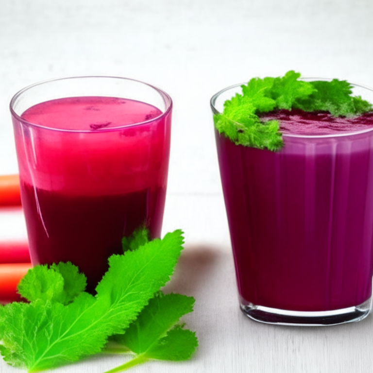 a picture of a Vibrant Beet and Carrot Juice with a slice of beet and a sprig of mint