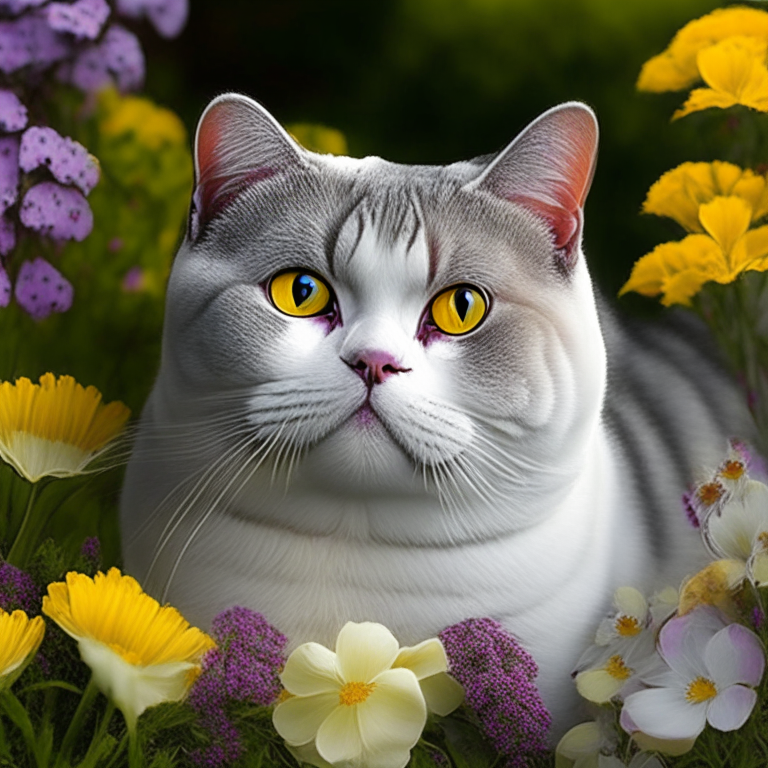  , garden, flowers , neow colous , colourful , silver shaded tabby white british shorthair amber eyes white cheeks,neow colours