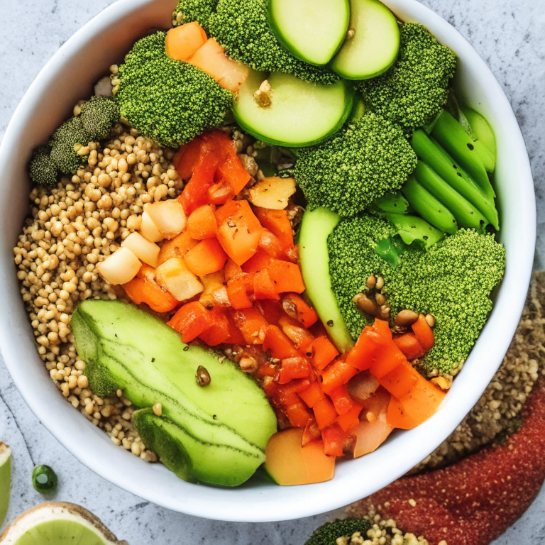 a picture of a Nourishing Quinoa Buddha Bowl with quinoa, avocado, and mixed vegetables