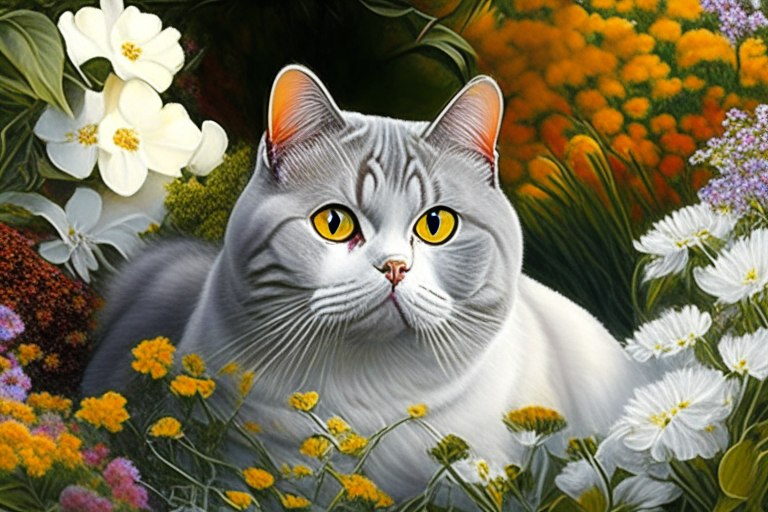 a garden with colorful flowers and a silver shaded tabby white British Shorthair with amber eyes and white cheeks