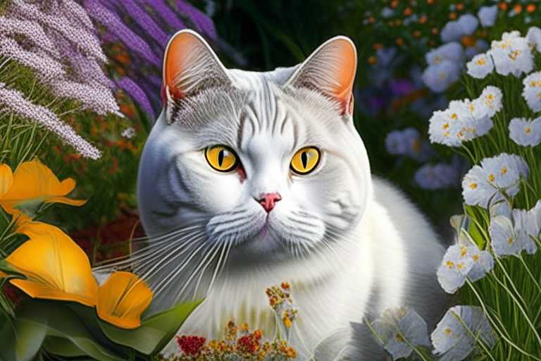 a colorful garden with a silver shaded tabby white British Shorthair with amber eyes and white cheeks