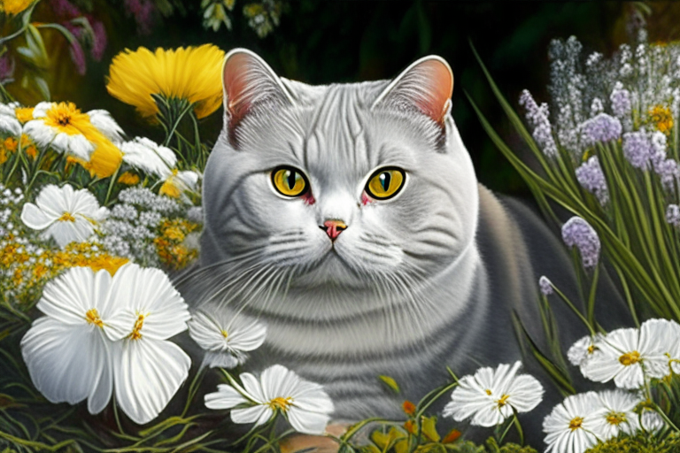 a garden with a variety of flowers and a silver shaded tabby white British Shorthair with amber eyes and white cheeks