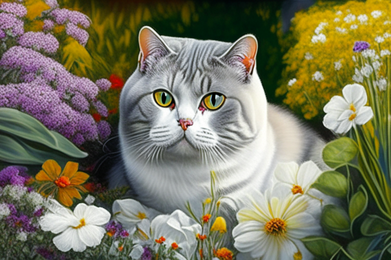 a garden with a mix of colorful flowers and a silver shaded tabby white British Shorthair with amber eyes and white cheeks