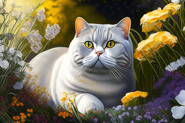 a garden with vibrant flowers and a silver shaded tabby white British Shorthair with amber eyes and white cheeks