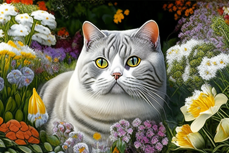 a garden with a variety of colorful flowers and a silver shaded tabby white British Shorthair with amber eyes and white cheeks