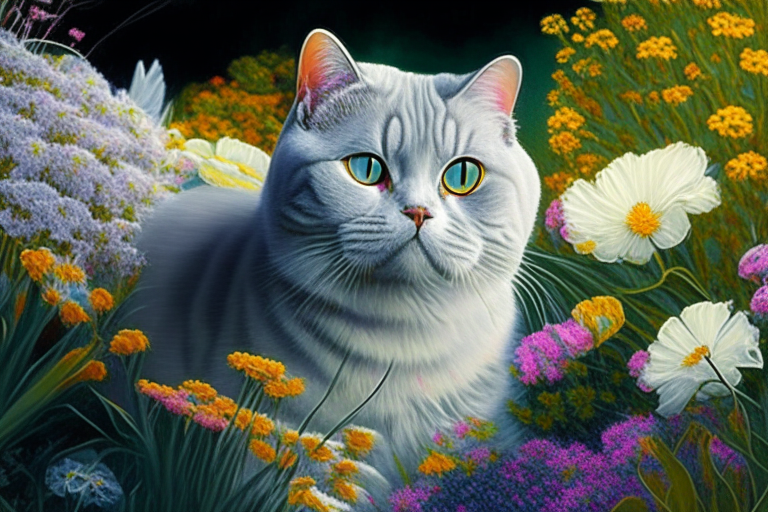 a garden with neon-colored flowers and a silver shaded tabby white British Shorthair with amber eyes and white cheeks