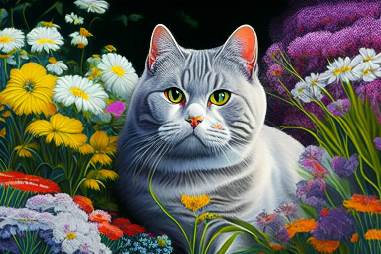 a garden with a variety of neon-colored flowers and a silver shaded tabby white British Shorthair with amber eyes and white cheeks