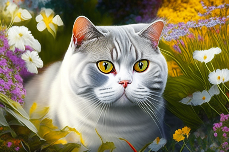 a colorful garden with a silver shaded tabby white British Shorthair with amber eyes and white cheeks, featuring new colors