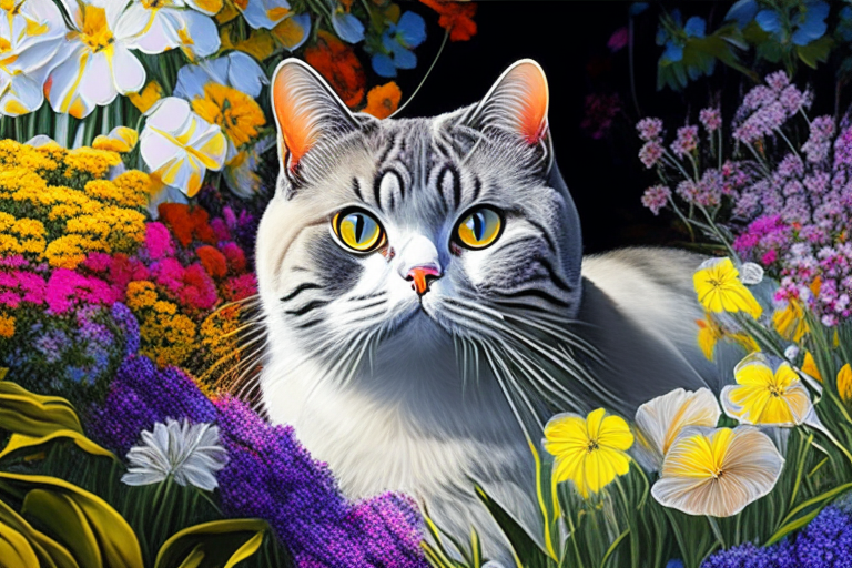 a garden with a mix of colorful and neon-colored flowers and a silver shaded tabby white British Shorthair with amber eyes and white cheeks