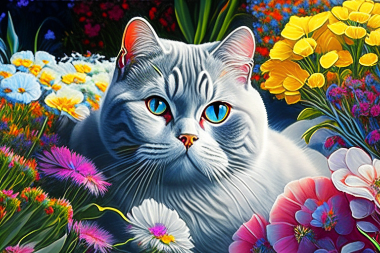 a garden with vibrant neon-colored flowers and a silver shaded tabby white British Shorthair with amber eyes and white cheeks