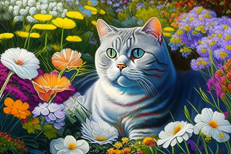 a garden with a variety of colorful and neon-colored flowers and a silver shaded tabby white British Shorthair with amber eyes and white cheeks