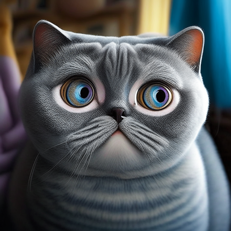 a Disney-style British Shorthair cat with big eyes and a cute expression