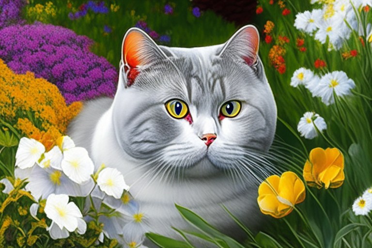 a garden with colorful flowers and a silver shaded tabby white British Shorthair with amber eyes and white cheeks, featuring new colors