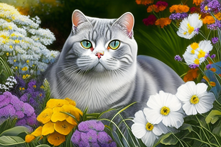 a garden with a mix of colorful flowers and a silver shaded tabby white British Shorthair with amber eyes and white cheeks, featuring new colors