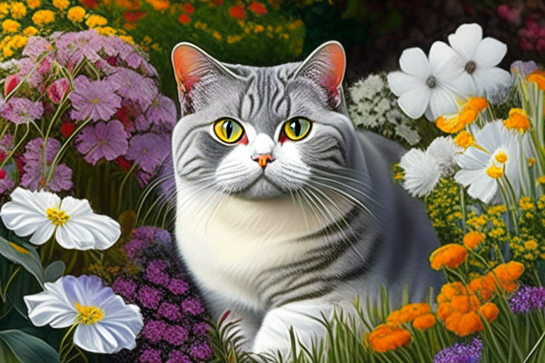 a garden with a variety of colorful flowers and a silver shaded tabby white British Shorthair with amber eyes and white cheeks, featuring new colors