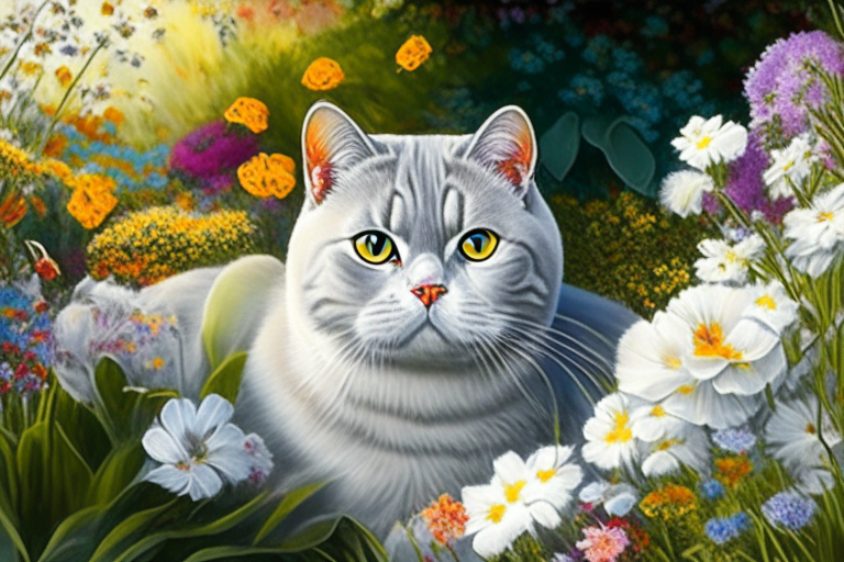 a garden with vibrant flowers and a silver shaded tabby white British Shorthair with amber eyes and white cheeks, featuring new colors