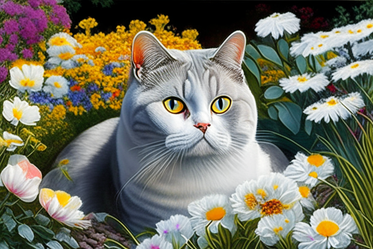 a garden with a variety of colorful flowers and a silver shaded tabby white British Shorthair with amber eyes and white cheeks, featuring new shades