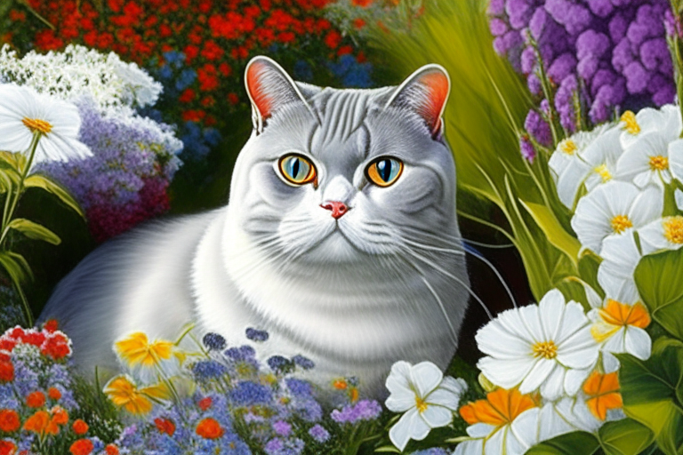 a garden with a mix of colorful flowers and a silver shaded tabby white British Shorthair with amber eyes and white cheeks, featuring new shades