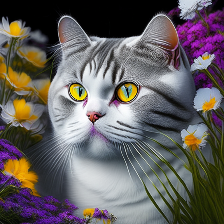 6 images , garden, flowers , neon colous , colourful , silver shaded tabby white british shorthair amber eyes white cheeks hd