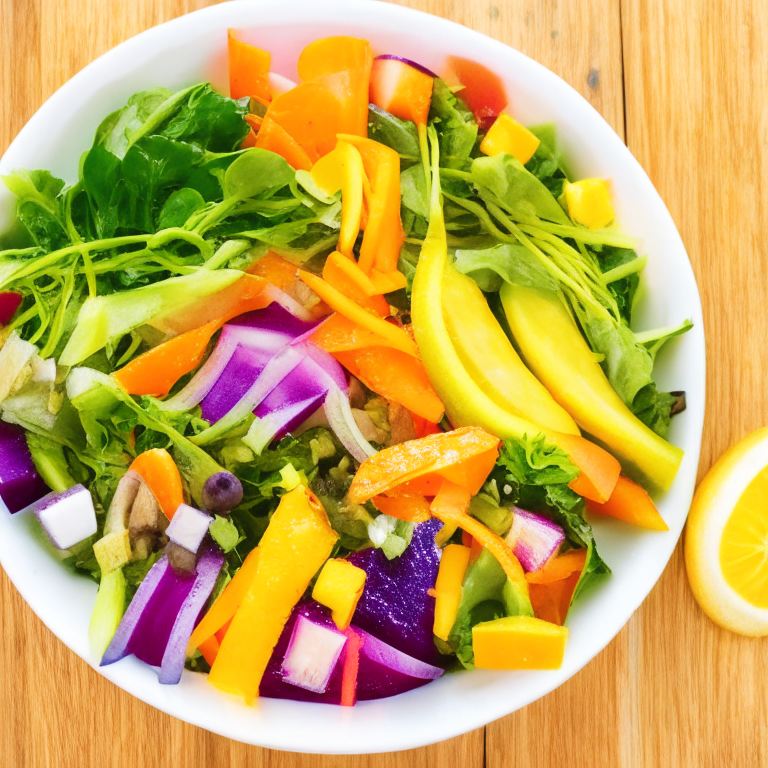 a picture of a Rainbow Vegetable Salad with Citrus Dressing with mixed vegetables and a citrus dressing