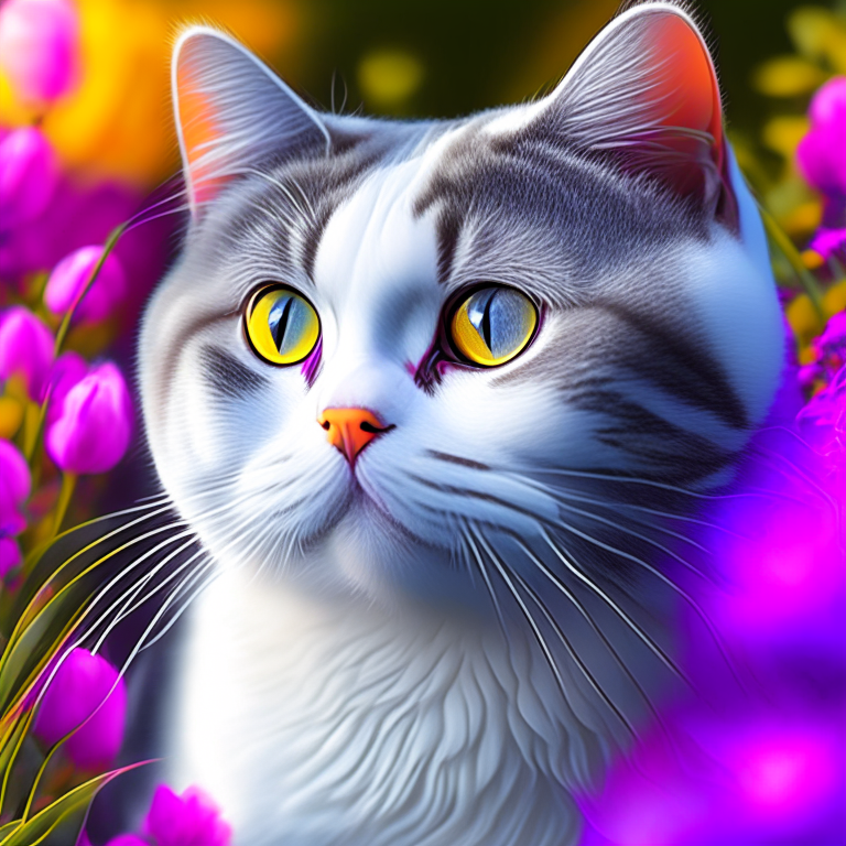 6 images , garden, flowers , neon colous , colourful , silver shaded tabby white british shorthair amber eyes white cheeks hd