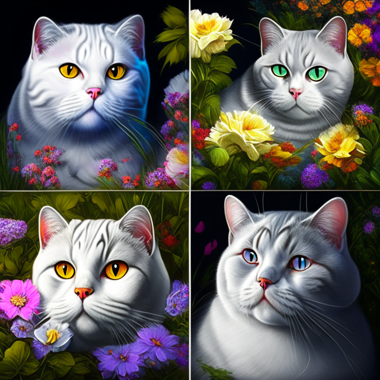 6 images , garden, flowers , neon colous , colourful , silver shaded tabby white british shorthair amber eyes white cheeks hd