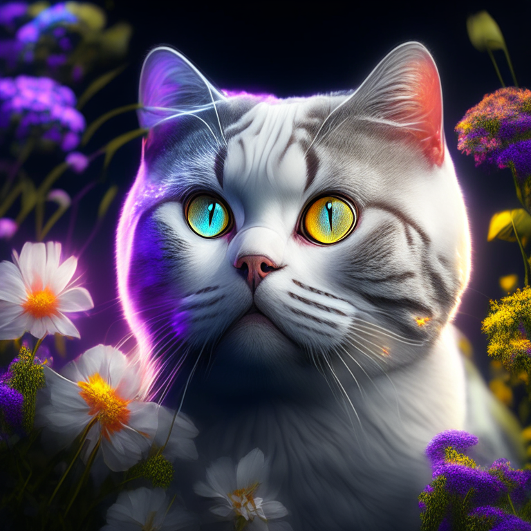 6 images , garden, flowers , neon colous , colourful , silver shaded tabby white british shorthair amber eyes white cheeks hd