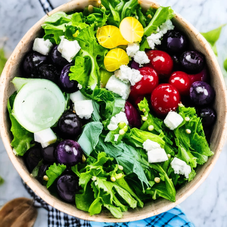 a picture of an Alkaline Mediterranean Salad Bowl with mixed greens, olives, and feta cheese