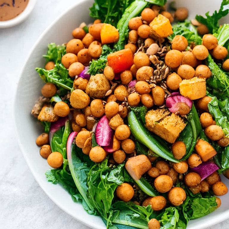 a picture of a Roasted Vegetable and Chickpea Salad with roasted vegetables, chickpeas, and mixed greens