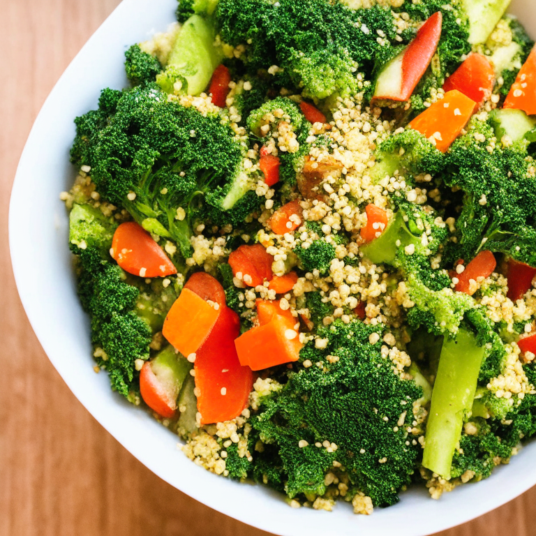 a picture of an Alkaline Kale and Quinoa Power Salad with kale, quinoa, and mixed vegetables