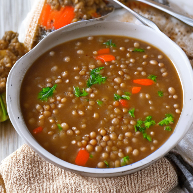 a picture of a Healing Lentil and Vegetable Soup with lentils, carrots, and celery