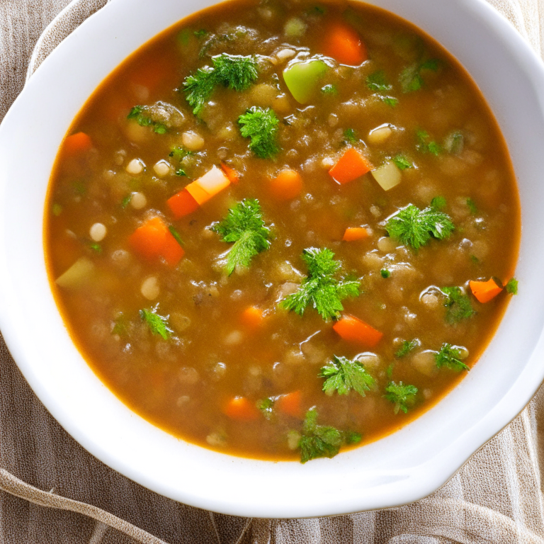 a picture of a Healing Lentil and Vegetable Soup with lentils, carrots, and celery, with a sprig of parsley