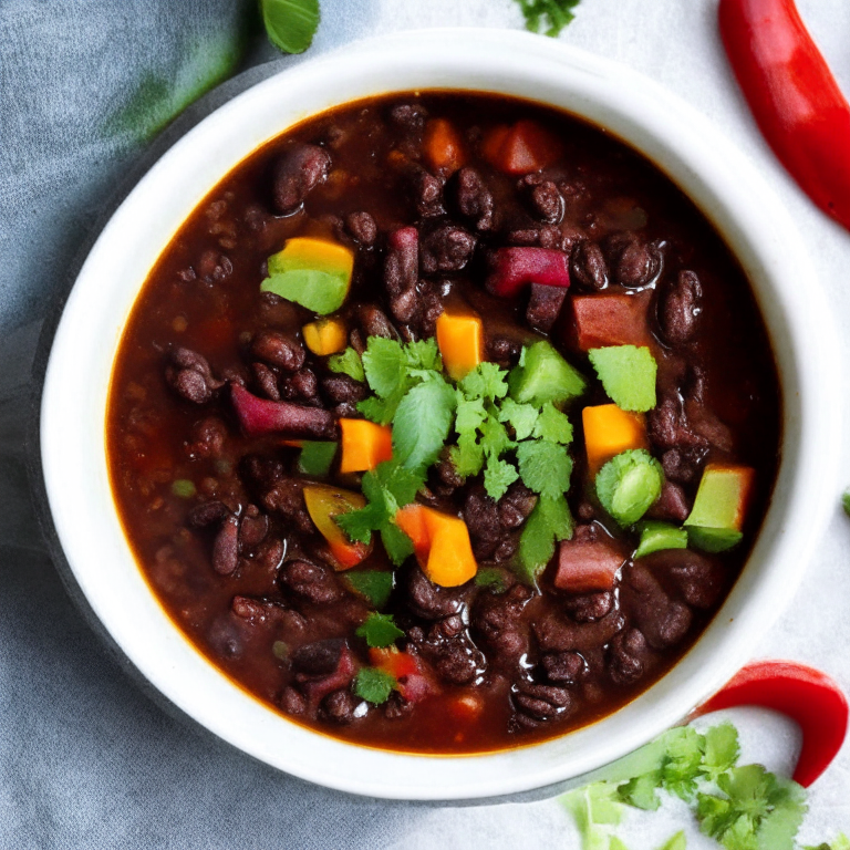 a picture of an Alkaline Black Bean Chili with black beans, mixed vegetables, and spices