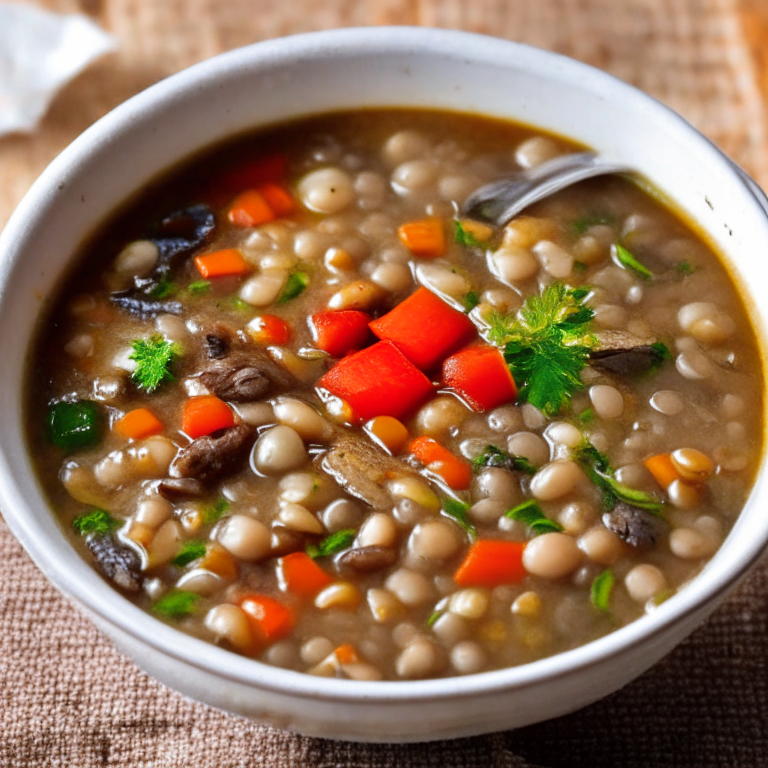 a picture of an Immune-Boosting Mushroom and Barley Soup with mushrooms, barley, and mixed vegetables