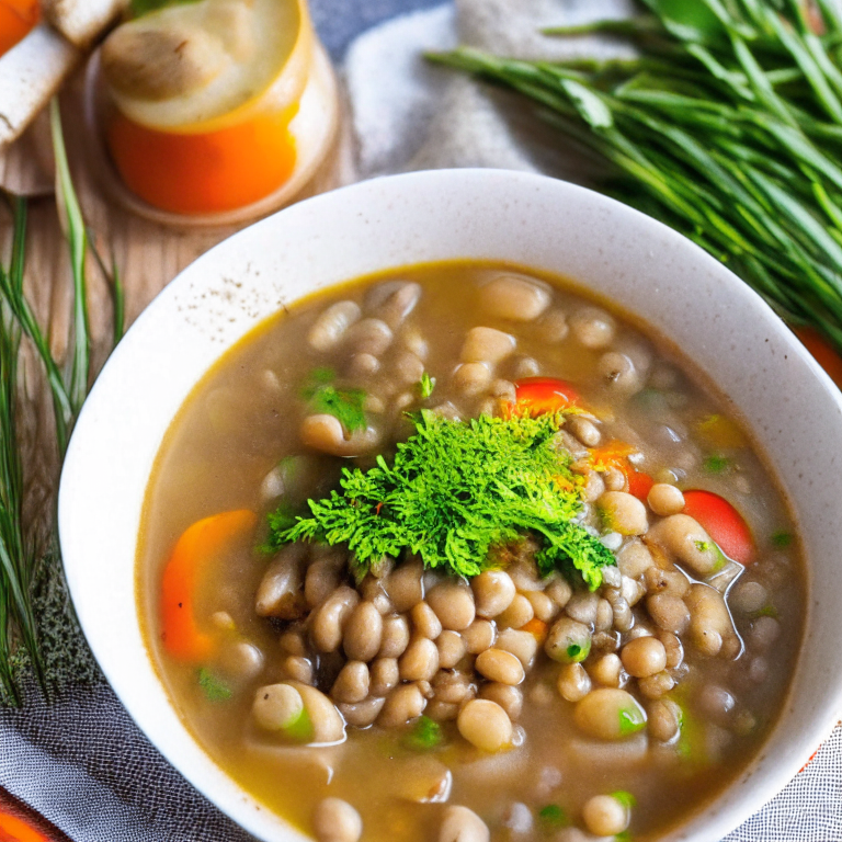 a picture of an Immune-Boosting Mushroom and Barley Soup with mushrooms, barley, and mixed vegetables, with a sprig of thyme