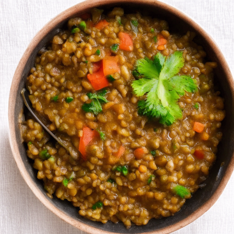 a picture of an Alkaline Lentil Curry with Brown Rice with lentils, brown rice, and mixed vegetables