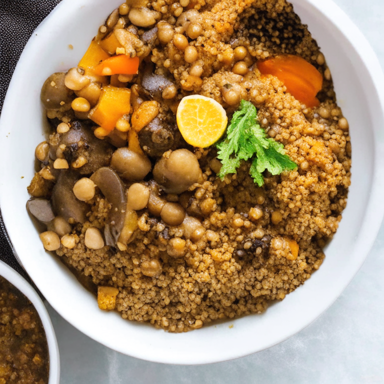 a picture of a Coconut Curry Quinoa with Black Eyed Peas with quinoa, black eyed peas, and mixed vegetables in a coconut curry sauce