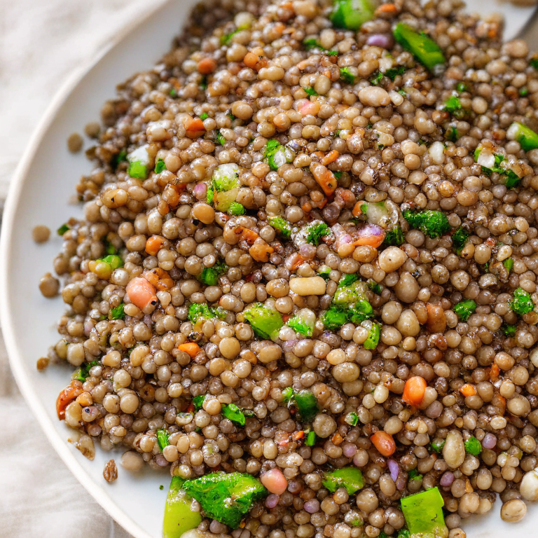 a picture of an Alkaline Buckwheat Salad with Mung Beans with buckwheat, mung beans, and mixed vegetables