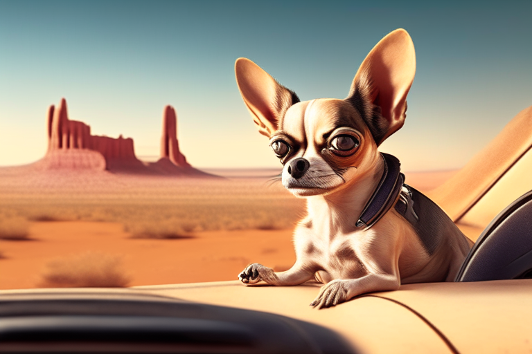 A Chihuahua sitting on the driver's seat of a car, looking at the odometer, with a desert landscape in the background, octane render