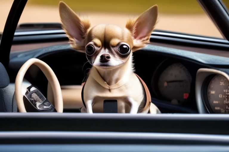 A Chihuahua sitting in the driver's seat of a car on National Odometer Day, with the odometer reading 000000