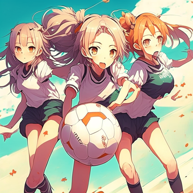  3 Beautiful anime girls play football ball