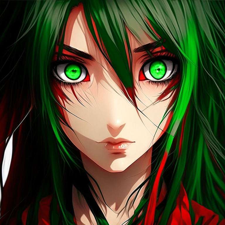 Gogo anime with green eyes , and red long hai